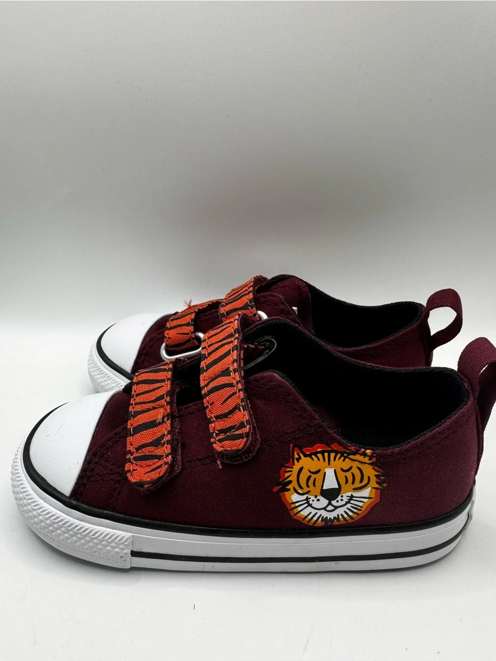 Converse Kids Burgundy Canvas Sneakers with Orange Tiger Straps